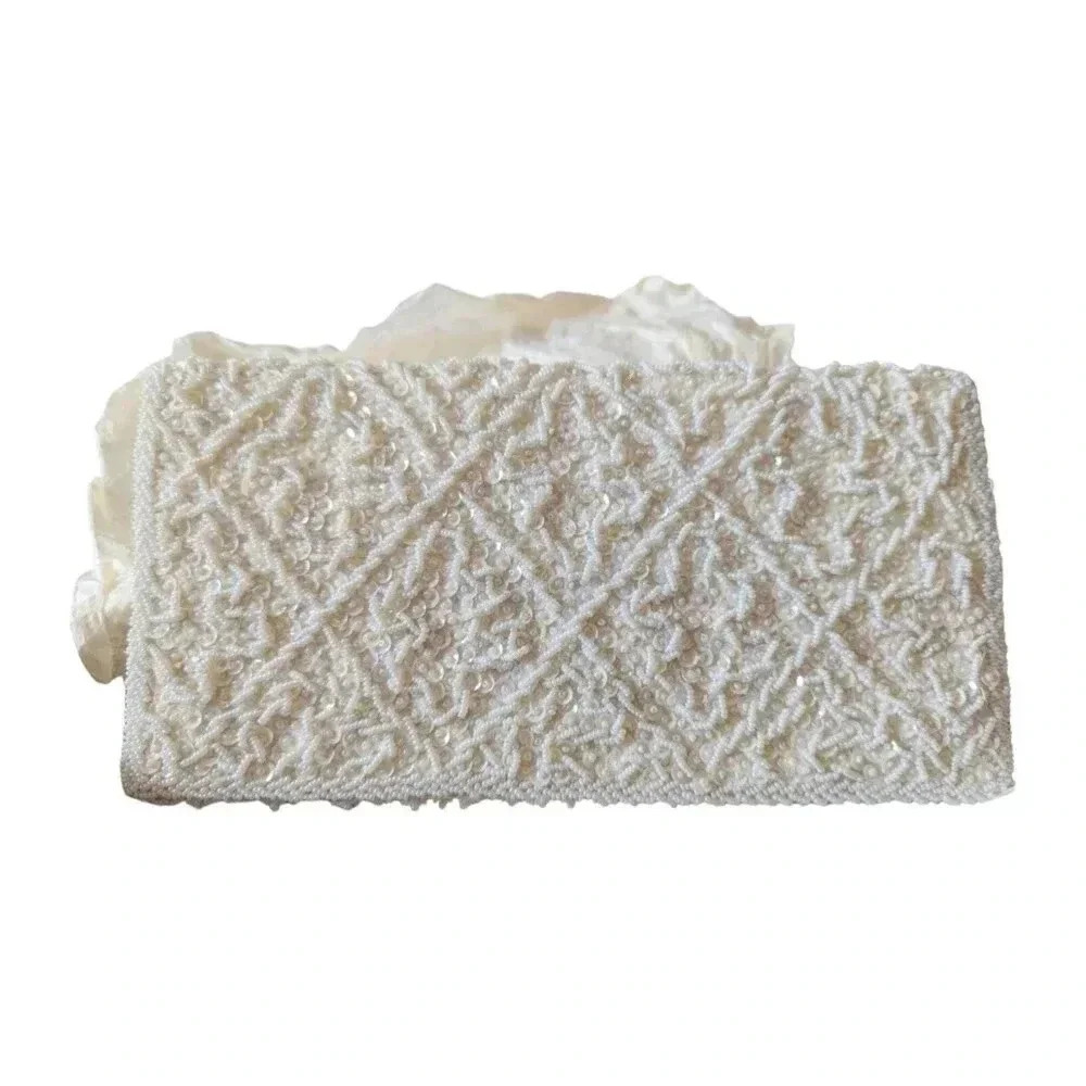 Vintage Le Regale Beaded Satin Clutch Purse Cream Bridal Wedding